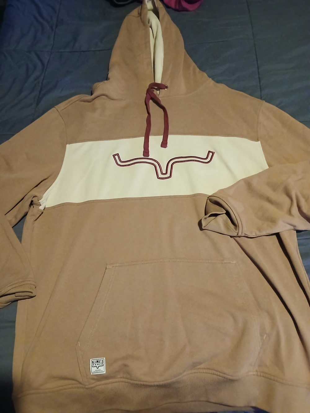 Kimes Ranch Tan Hooded Pullover with White Chest Panel and Maroon Accents